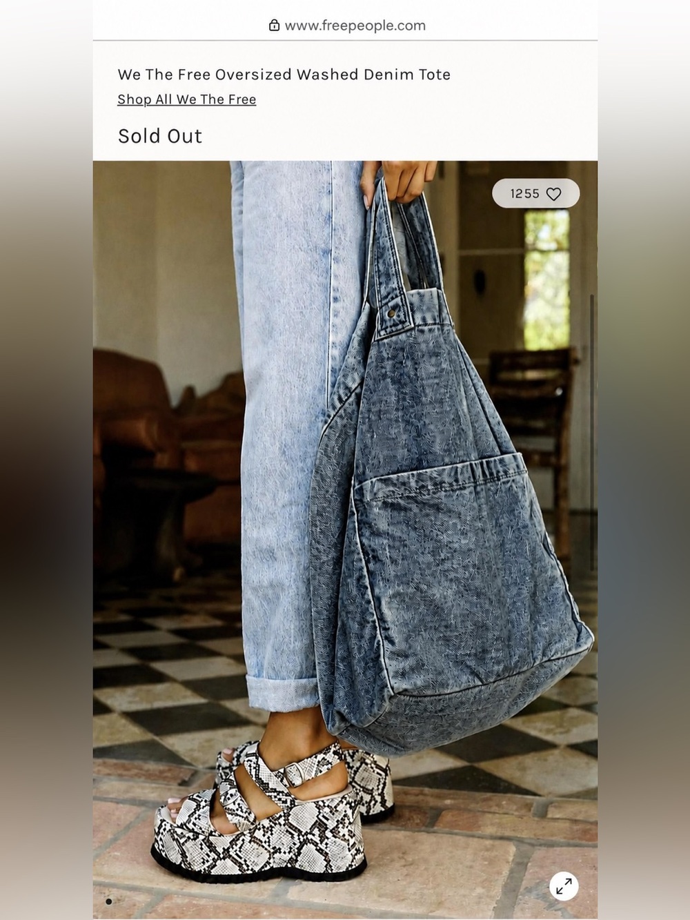 Rare Free People We The Free Oversized Acid Wash Denim Tote Bag Blue - Picture 1 of 15